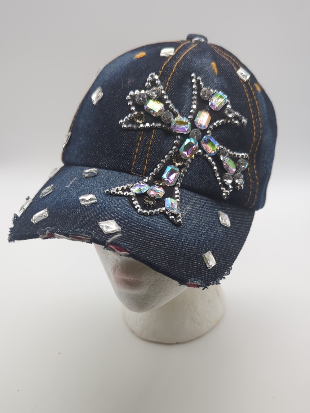 Blinged Out Denim Ball Cap Gothic Rhinestone Cross Distressed Brim